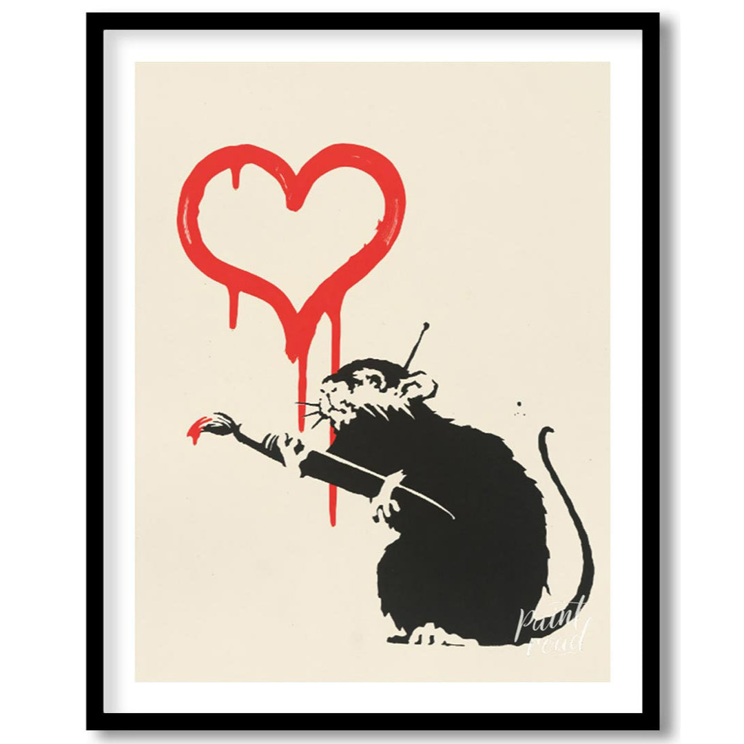 This striking art print features Banksy’s “Love Rat” stencil, depicting a black rat holding a paint… for home
