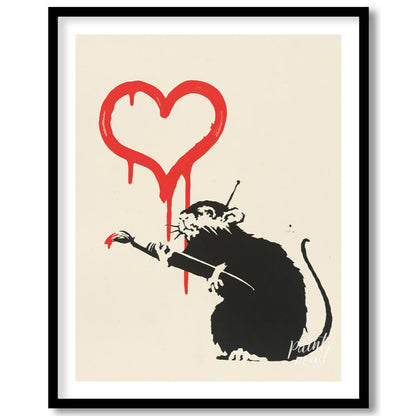 This striking art print features Banksy’s “Love Rat” stencil, depicting a black rat holding a paint… for home