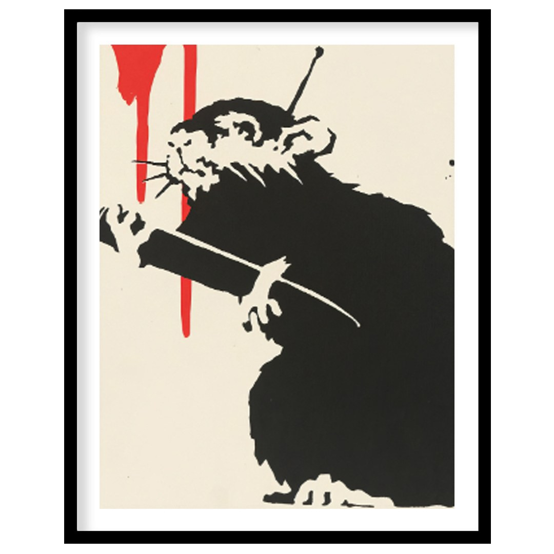This striking art print features Banksy’s “Love Rat” stencil, depicting a black rat holding a paint… for home