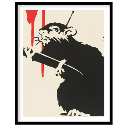 This striking art print features Banksy’s “Love Rat” stencil, depicting a black rat holding a paint… for home