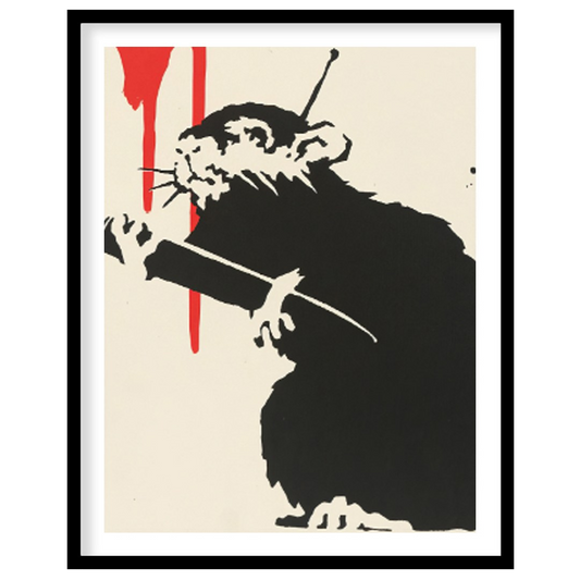 This striking art print features Banksy’s “Love Rat” stencil, depicting a black rat holding a paint… for home