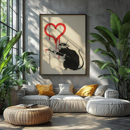This striking art print features Banksy’s “Love Rat” stencil, depicting a black rat holding a paint… for living room