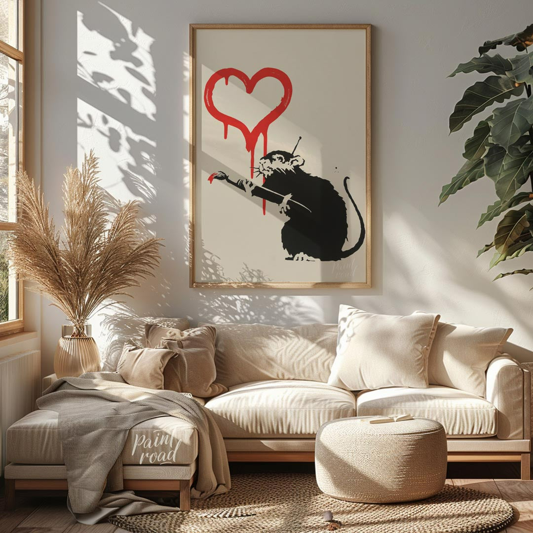 This striking art print features Banksy’s “Love Rat” stencil, depicting a black rat holding a paint… for living room
