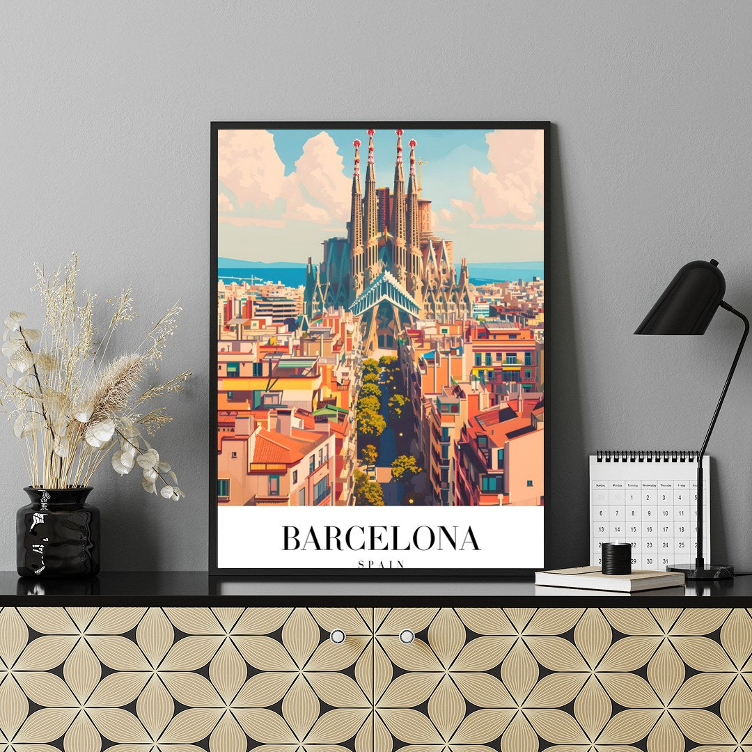 Experience the vibrant energy of Barcelona with this stunning portrayal of the iconic Sagrada for Shelf