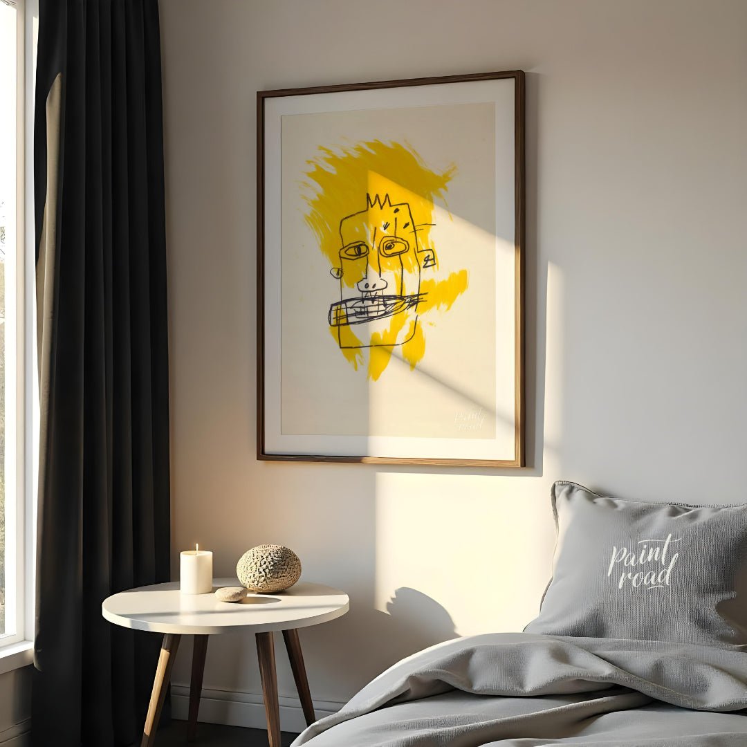"Basquiat's Yellow Face" presents a stylized portrait reminiscent of Jean-Michel Basquiat's distinc… for bedroom