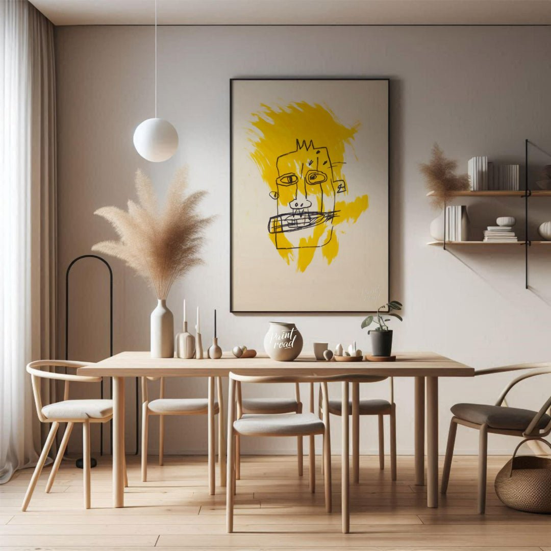 "Basquiat's Yellow Face" presents a stylized portrait reminiscent of Jean-Michel Basquiat's distinc… for dining room