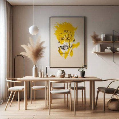"Basquiat's Yellow Face" presents a stylized portrait reminiscent of Jean-Michel Basquiat's distinc… for dining room