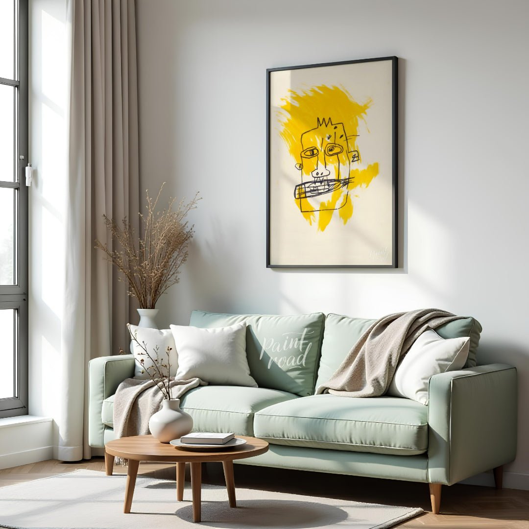 "Basquiat's Yellow Face" presents a stylized portrait reminiscent of Jean-Michel Basquiat's distinc… for living room