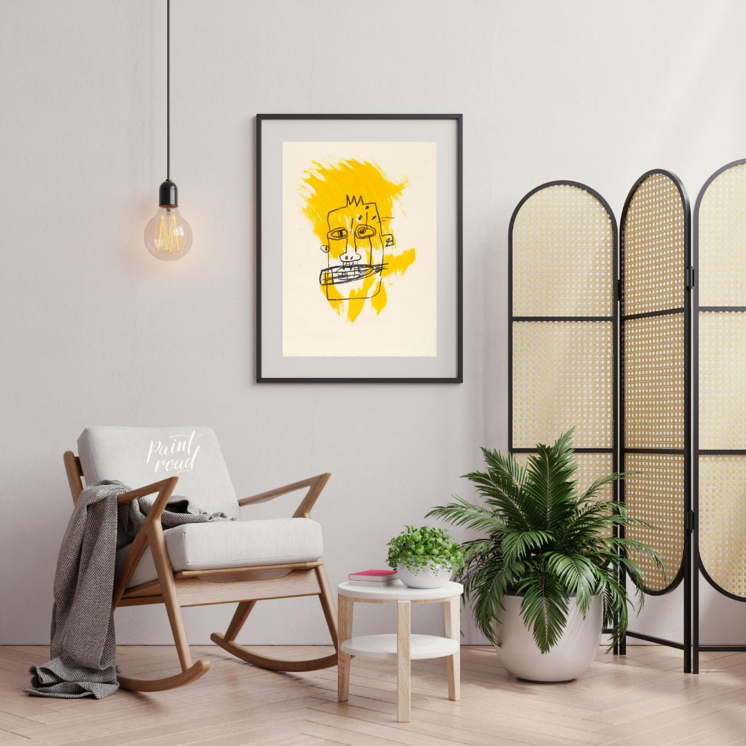 "Basquiat's Yellow Face" presents a stylized portrait reminiscent of Jean-Michel Basquiat's distinc… for living room
