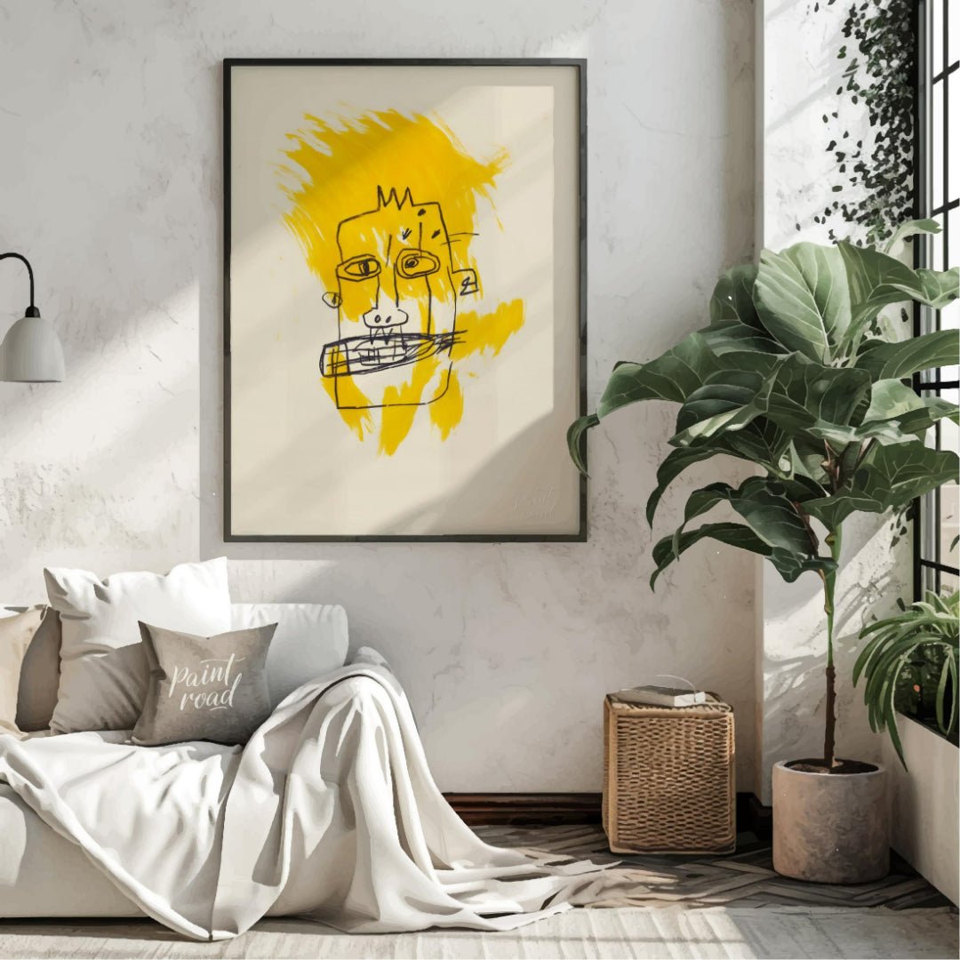 "Basquiat's Yellow Face" presents a stylized portrait reminiscent of Jean-Michel Basquiat's distinc… for living room