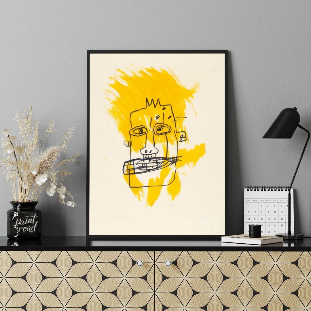 "Basquiat's Yellow Face" presents a stylized portrait reminiscent of Jean-Michel Basquiat's distinc… for office