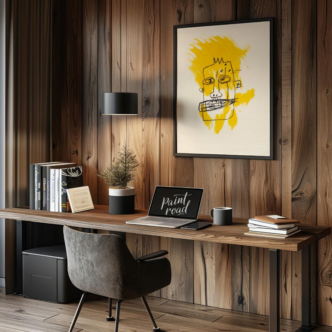 "Basquiat's Yellow Face" presents a stylized portrait reminiscent of Jean-Michel Basquiat's distinc… for office