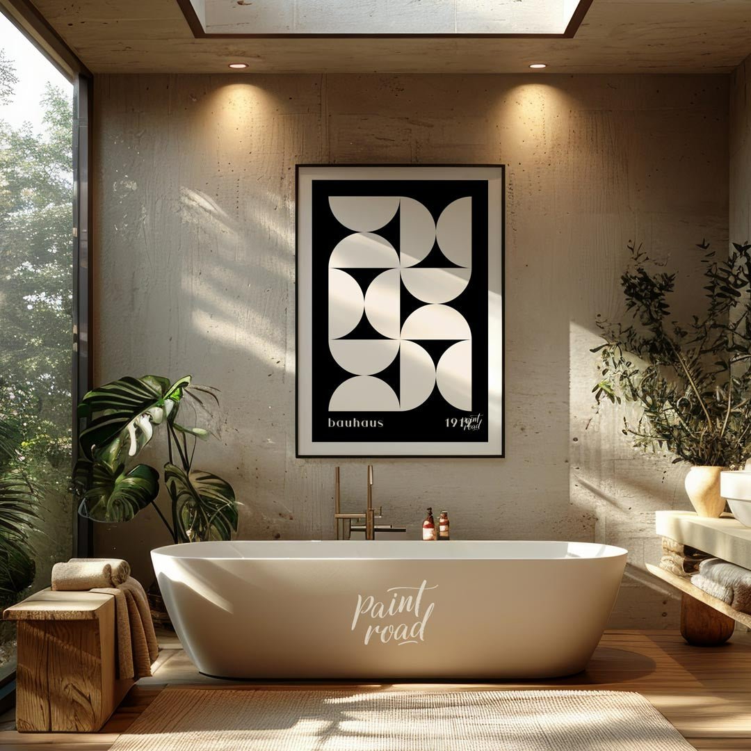 This Bauhaus-inspired poster showcases a dynamic arrangement of white semi-circular and quadrant sh… for bathroom