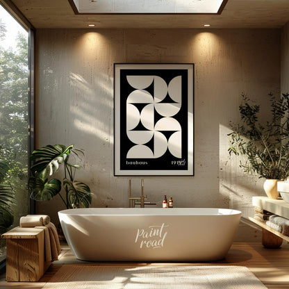 This Bauhaus-inspired poster showcases a dynamic arrangement of white semi-circular and quadrant sh… for bathroom