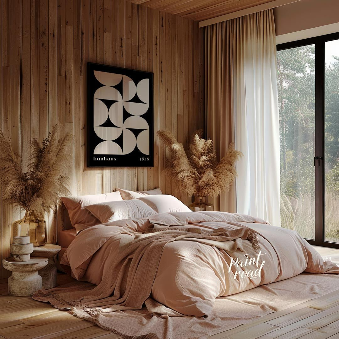 This Bauhaus-inspired poster showcases a dynamic arrangement of white semi-circular and quadrant sh… for bedroom