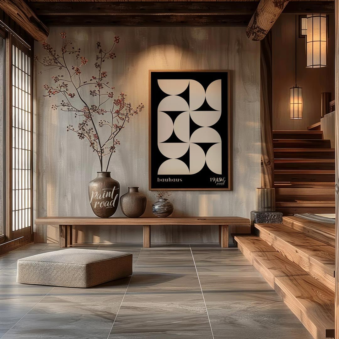 This Bauhaus-inspired poster showcases a dynamic arrangement of white semi-circular and quadrant sh… for entryway
