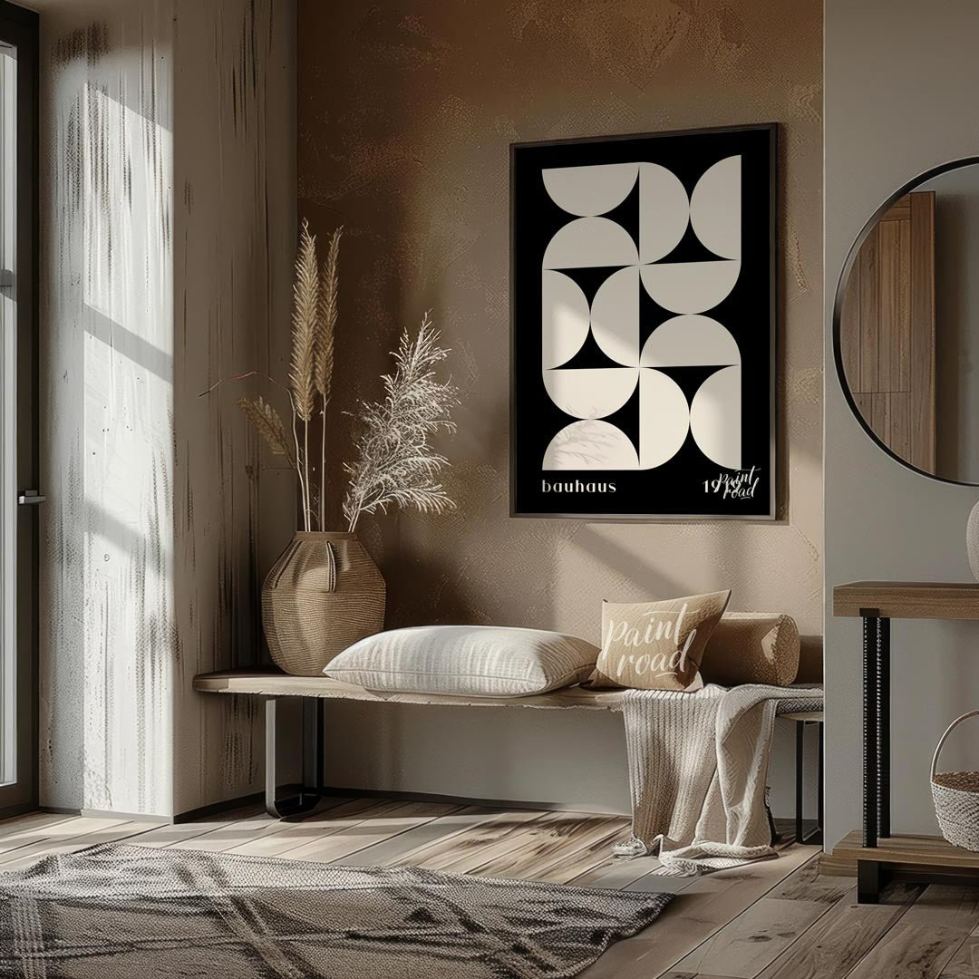 This Bauhaus-inspired poster showcases a dynamic arrangement of white semi-circular and quadrant sh… for entryway