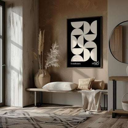 This Bauhaus-inspired poster showcases a dynamic arrangement of white semi-circular and quadrant sh… for entryway