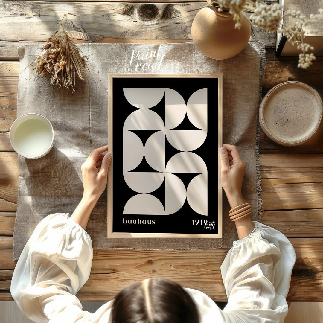 This Bauhaus-inspired poster showcases a dynamic arrangement of white semi-circular and quadrant sh… for kitchen