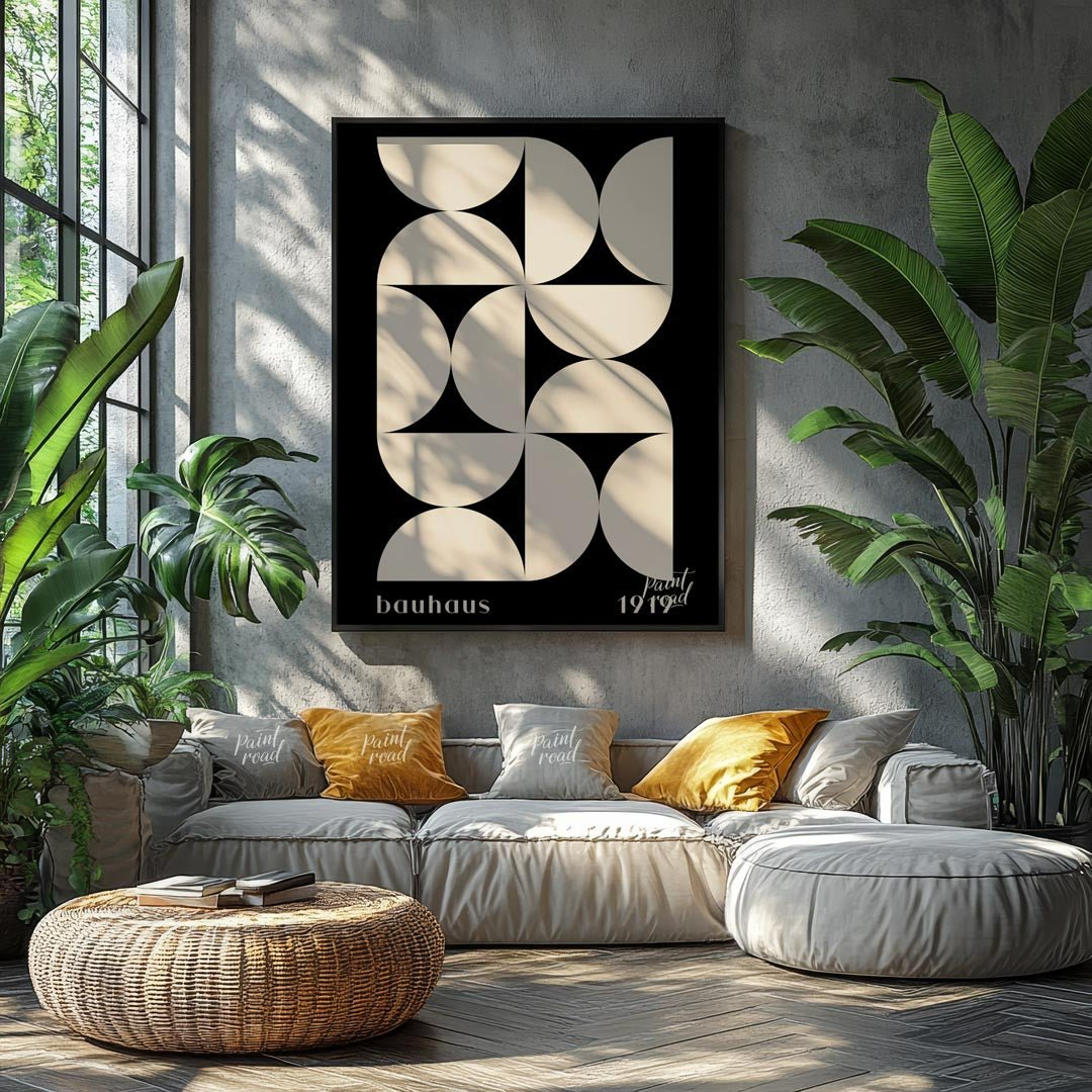 This Bauhaus-inspired poster showcases a dynamic arrangement of white semi-circular and quadrant sh… for living room