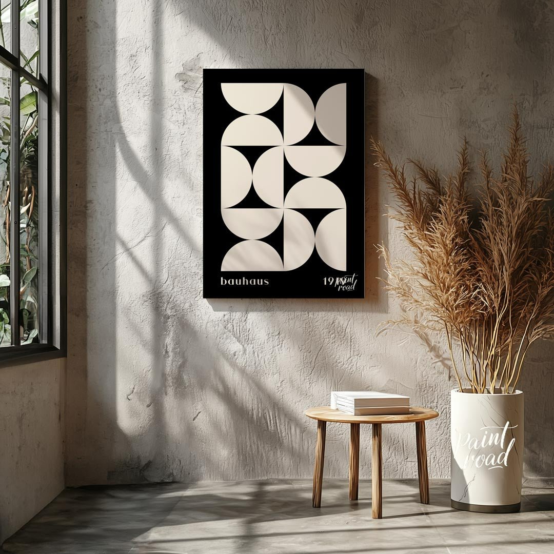This Bauhaus-inspired poster showcases a dynamic arrangement of white semi-circular and quadrant sh… for living room