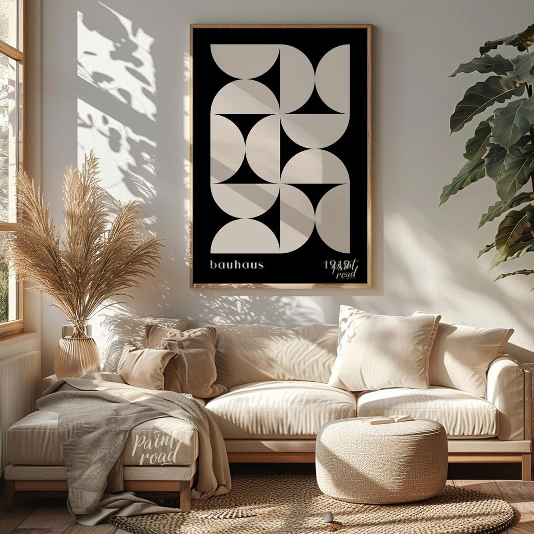 This Bauhaus-inspired poster showcases a dynamic arrangement of white semi-circular and quadrant sh… for living room