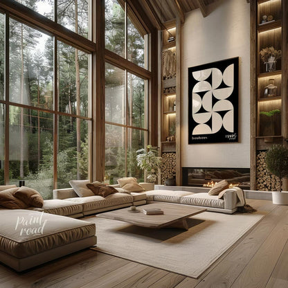 This Bauhaus-inspired poster showcases a dynamic arrangement of white semi-circular and quadrant sh… for living room