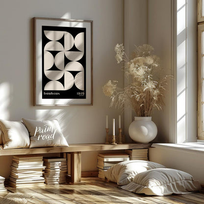 This Bauhaus-inspired poster showcases a dynamic arrangement of white semi-circular and quadrant sh… for living room
