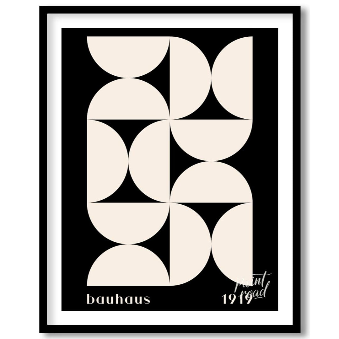 This Bauhaus-inspired poster showcases a dynamic arrangement of white semi-circular and quadrant sh… for lovely house