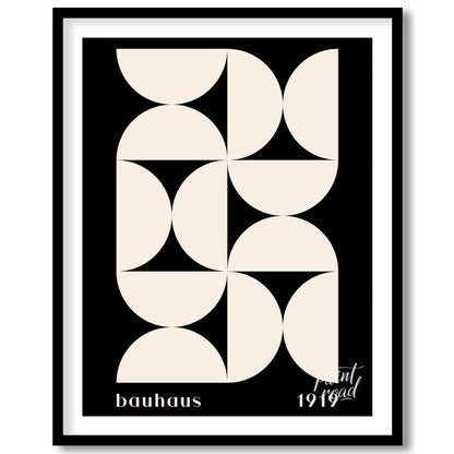 This Bauhaus-inspired poster showcases a dynamic arrangement of white semi-circular and quadrant sh… for lovely house