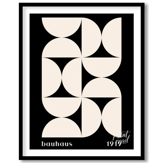 This Bauhaus-inspired poster showcases a dynamic arrangement of white semi-circular and quadrant sh… for lovely house