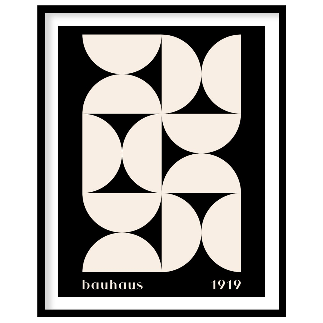 This Bauhaus-inspired poster showcases a dynamic arrangement of white semi-circular and quadrant sh… for lovely house