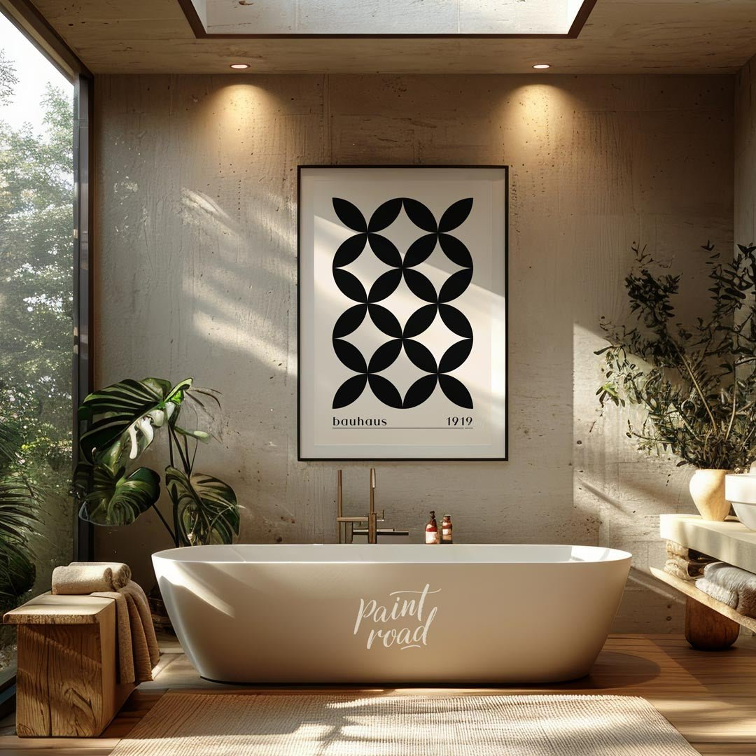 This poster showcases a sophisticated Bauhaus-inspired design featuring a seamless pattern of black… for bathroom