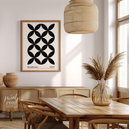 This poster showcases a sophisticated Bauhaus-inspired design featuring a seamless pattern of black… for dining room