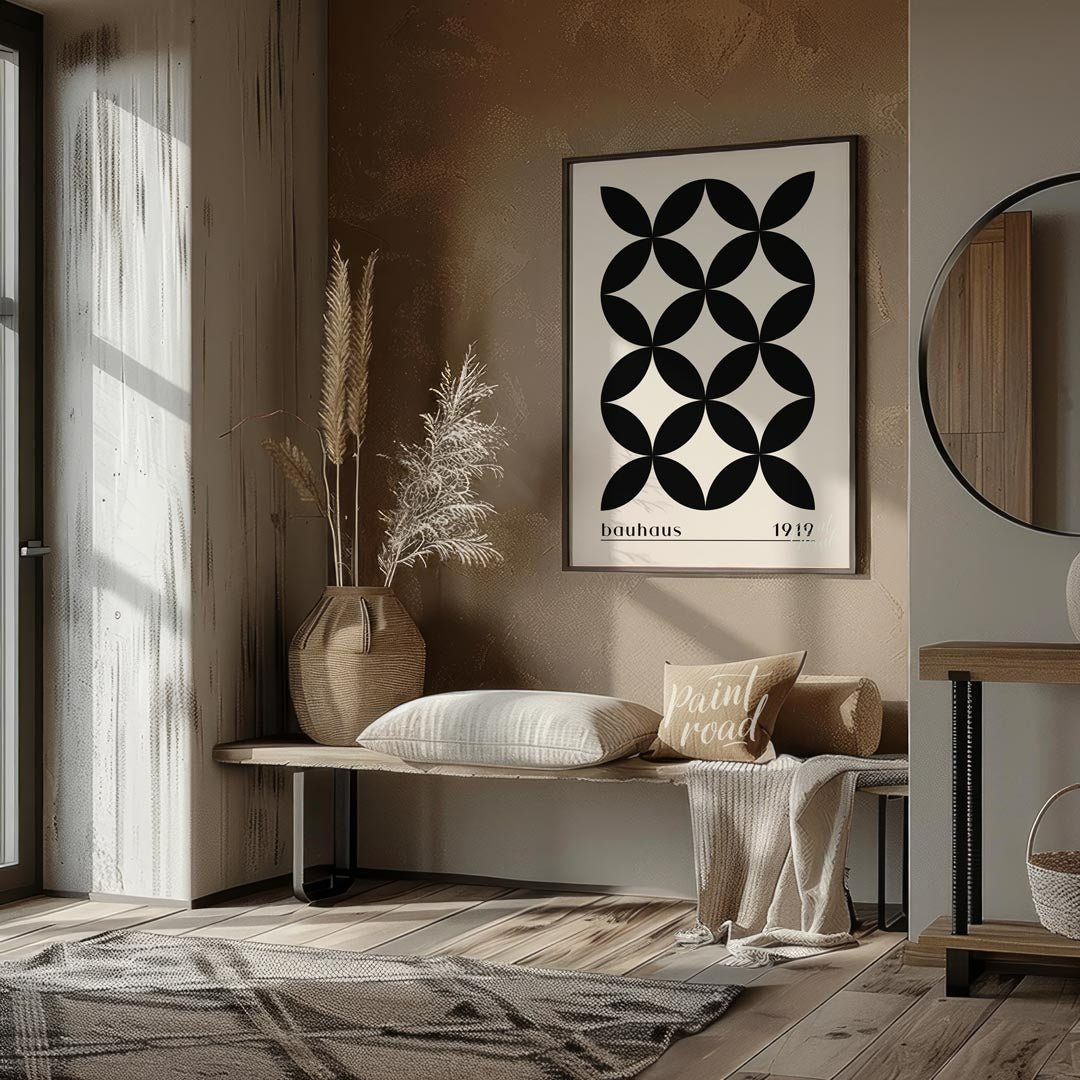 This poster showcases a sophisticated Bauhaus-inspired design featuring a seamless pattern of black… for entryway