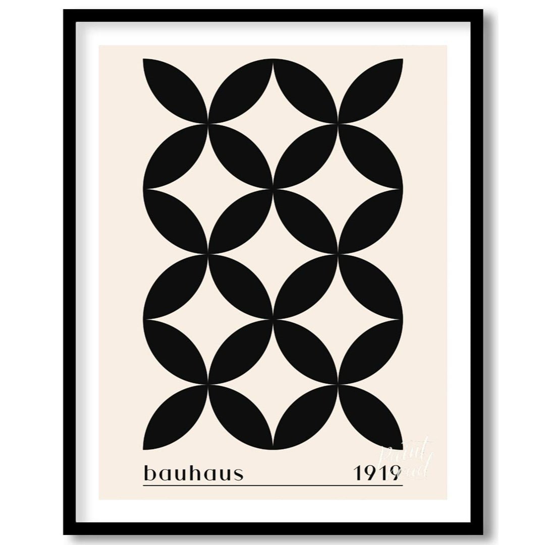 This poster showcases a sophisticated Bauhaus-inspired design featuring a seamless pattern of black… for home