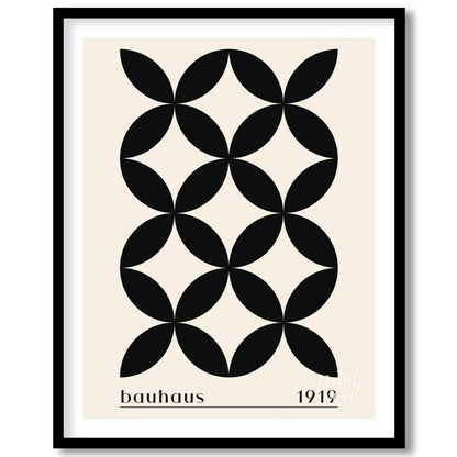 This poster showcases a sophisticated Bauhaus-inspired design featuring a seamless pattern of black… for home