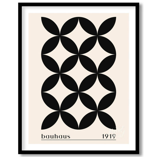 This poster showcases a sophisticated Bauhaus-inspired design featuring a seamless pattern of black… for home