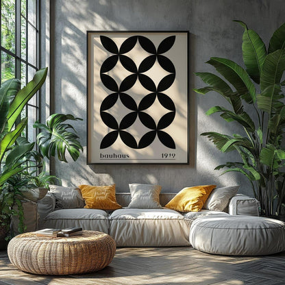 This poster showcases a sophisticated Bauhaus-inspired design featuring a seamless pattern of black… for living room