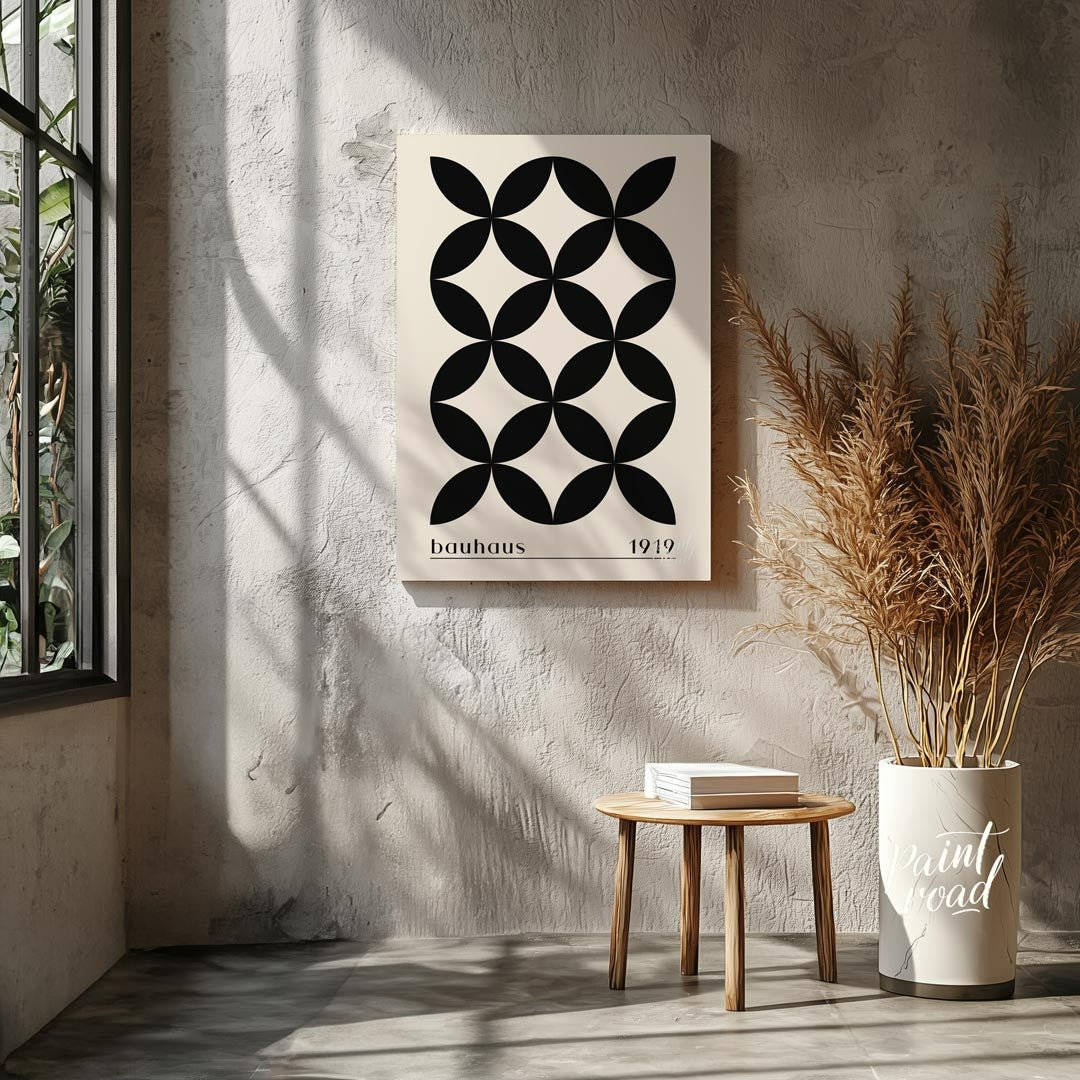 This poster showcases a sophisticated Bauhaus-inspired design featuring a seamless pattern of black… for living room