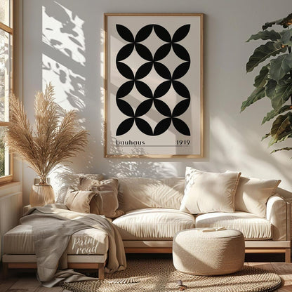 This poster showcases a sophisticated Bauhaus-inspired design featuring a seamless pattern of black… for living room