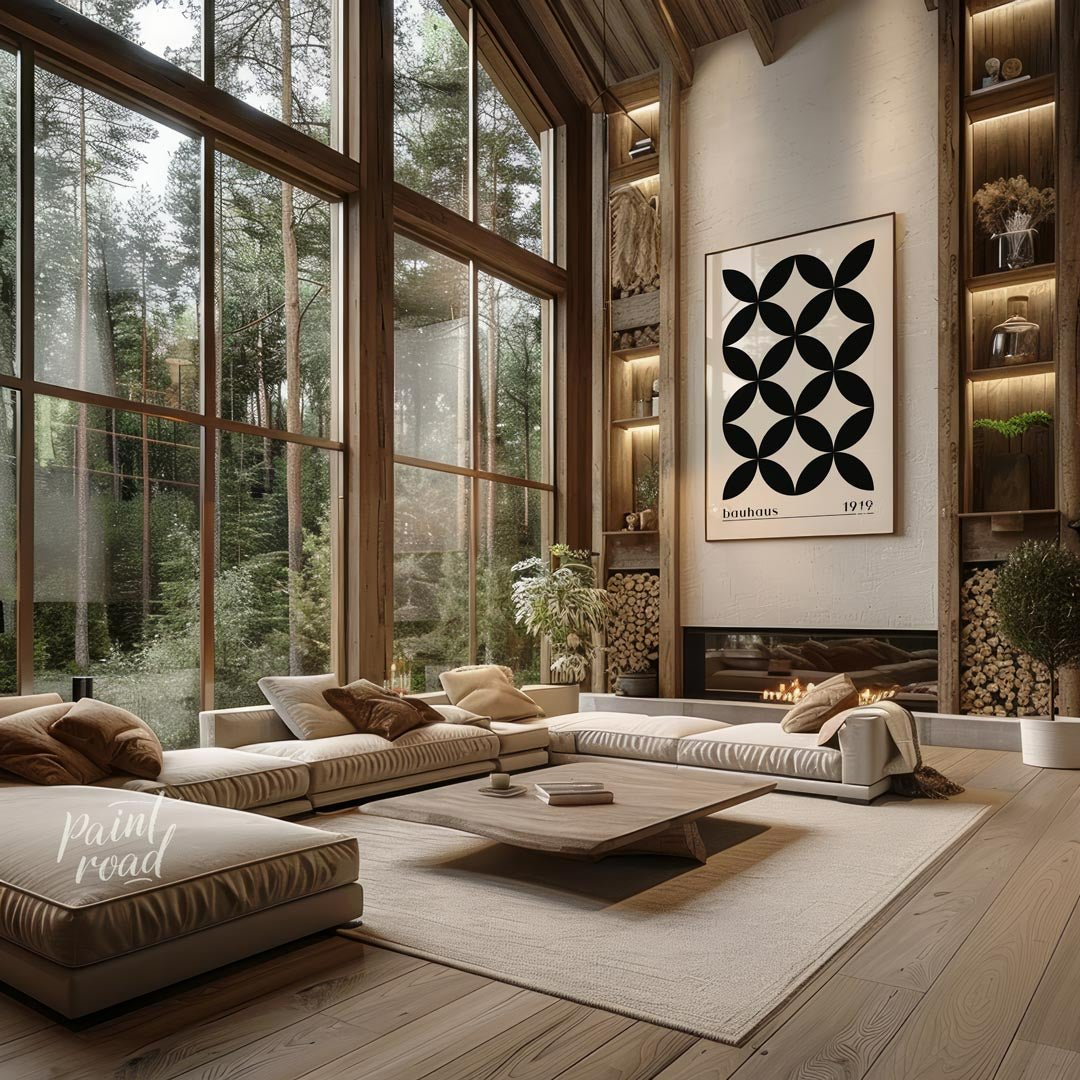 This poster showcases a sophisticated Bauhaus-inspired design featuring a seamless pattern of black… for living room