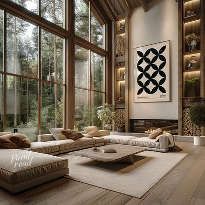 This poster showcases a sophisticated Bauhaus-inspired design featuring a seamless pattern of black… for living room