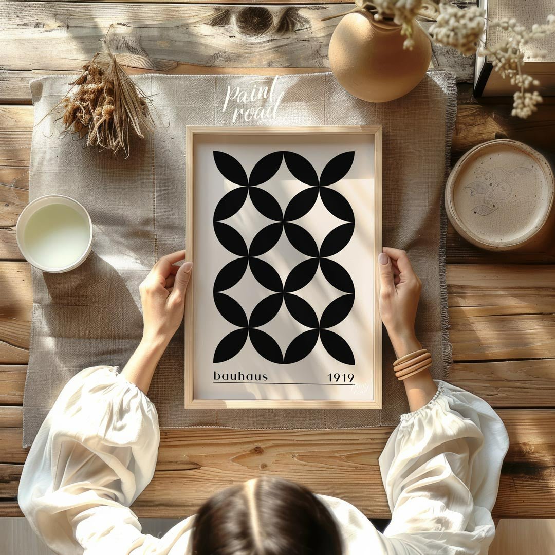 This poster showcases a sophisticated Bauhaus-inspired design featuring a seamless pattern of black… for other