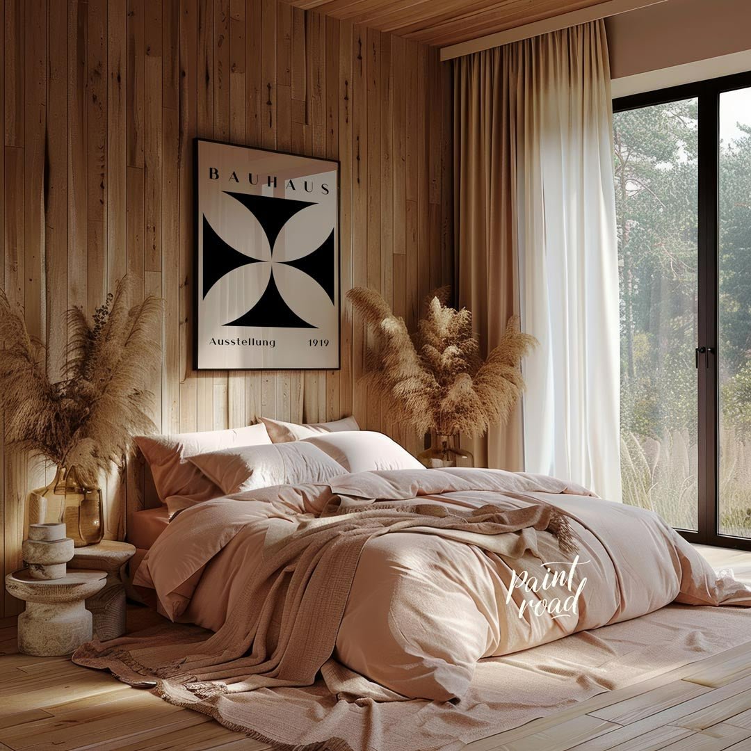 A quintessential example of Bauhaus design, this poster features a bold, graphic black quatrefoil s… for bedroom