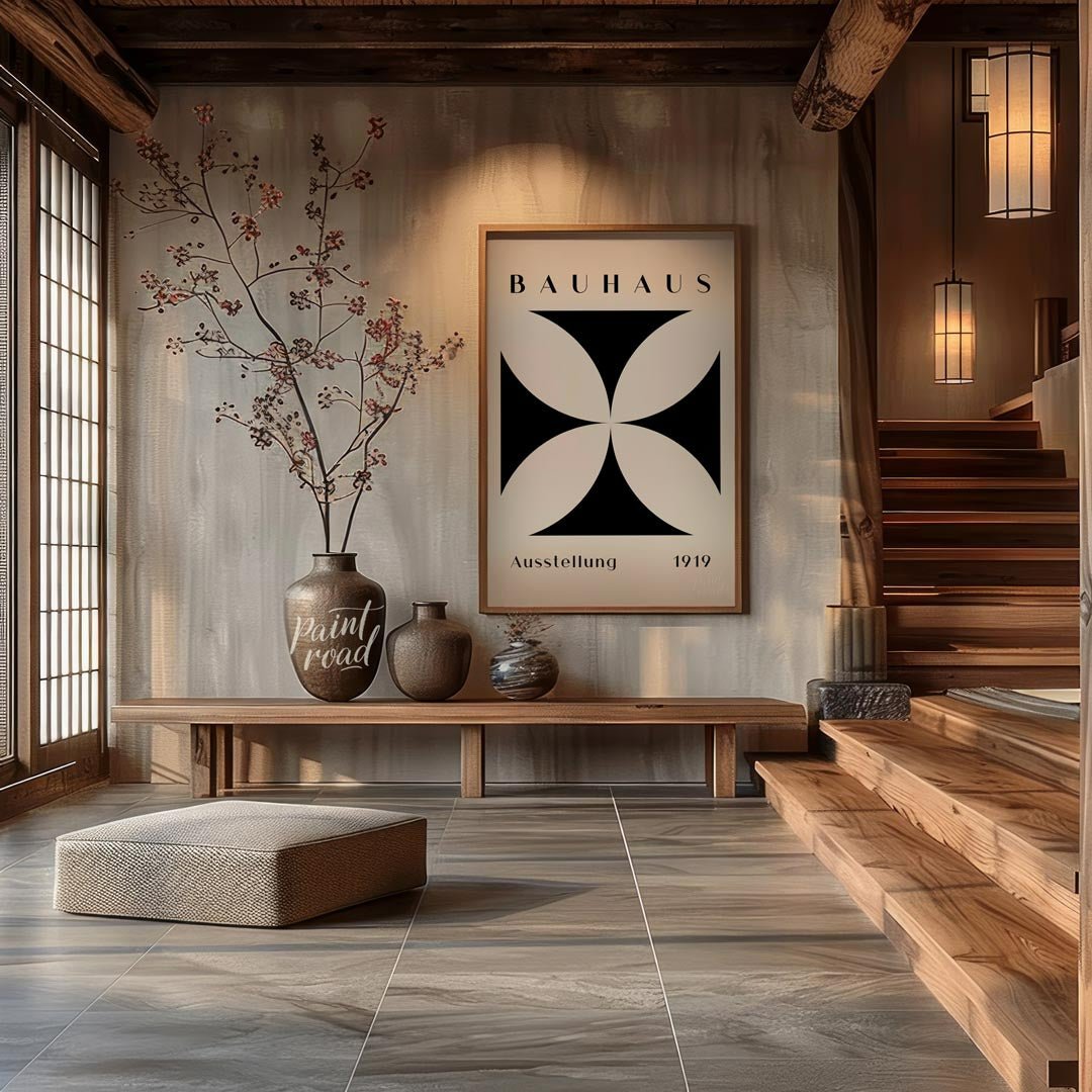A quintessential example of Bauhaus design, this poster features a bold, graphic black quatrefoil s… for entryway