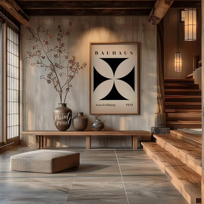 A quintessential example of Bauhaus design, this poster features a bold, graphic black quatrefoil s… for entryway