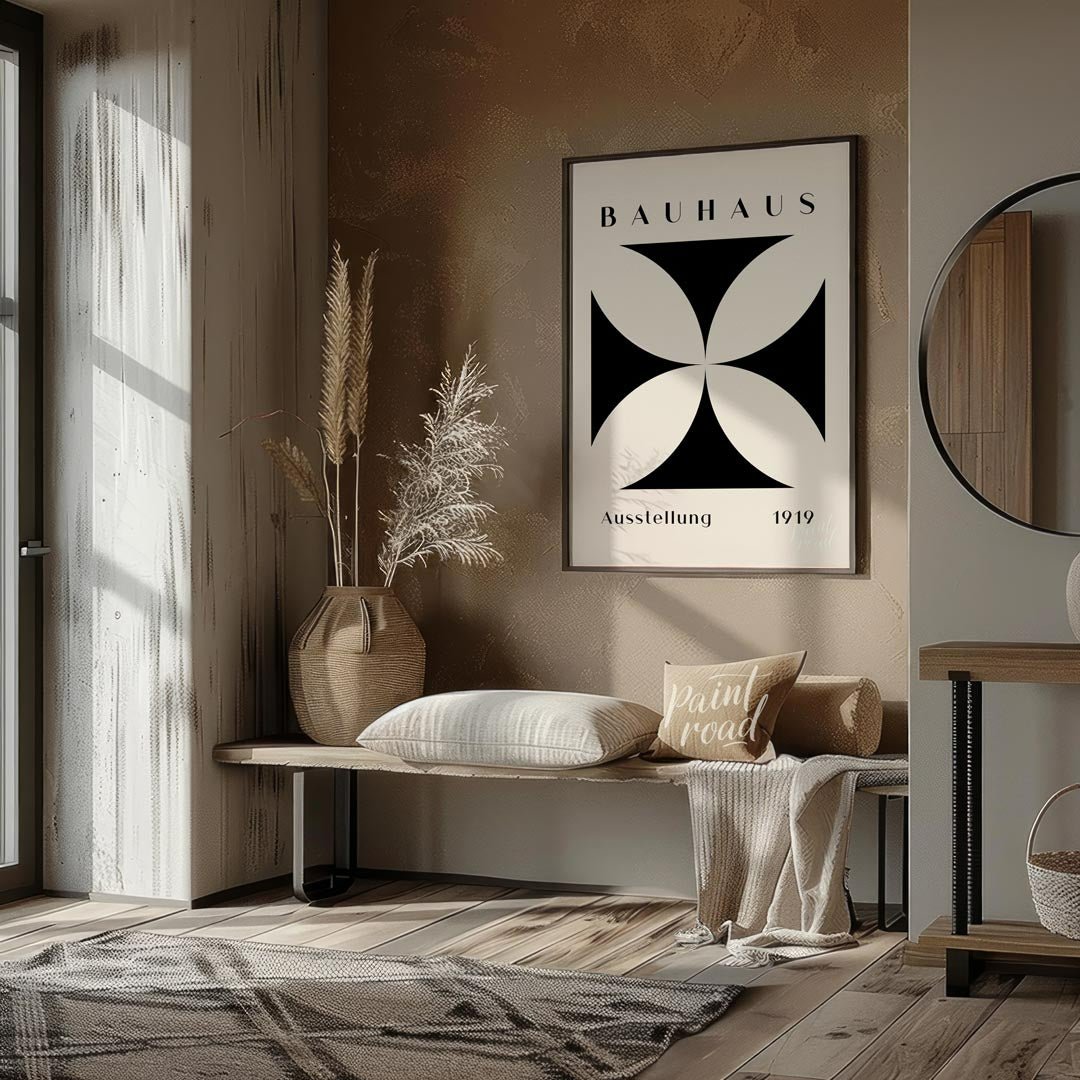A quintessential example of Bauhaus design, this poster features a bold, graphic black quatrefoil s… for entryway