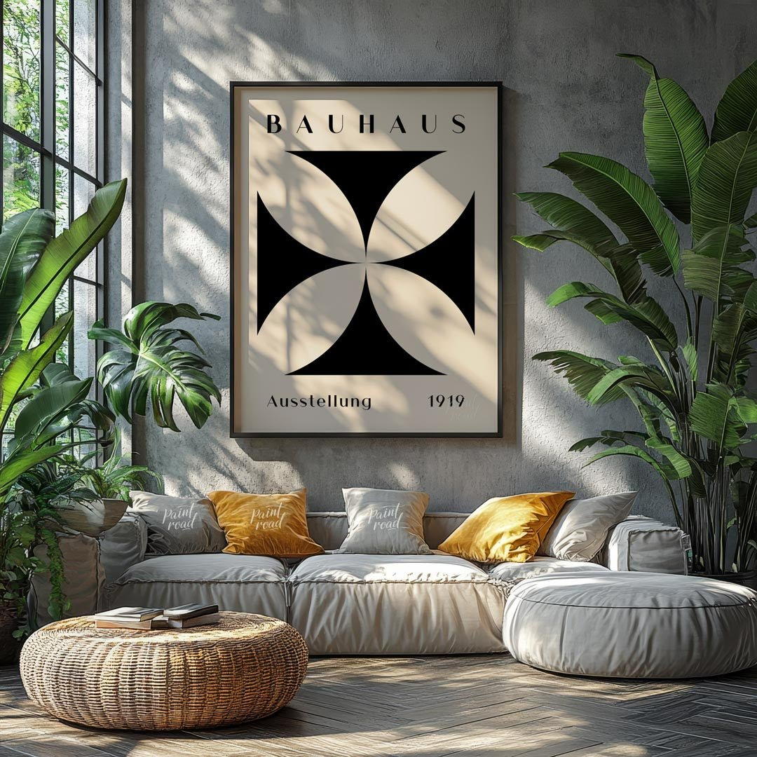 A quintessential example of Bauhaus design, this poster features a bold, graphic black quatrefoil s… for living room