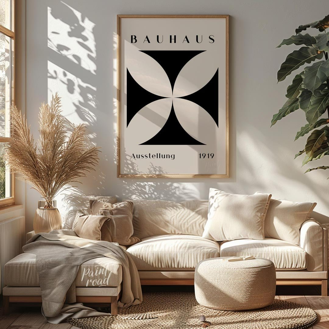 A quintessential example of Bauhaus design, this poster features a bold, graphic black quatrefoil s… for living room